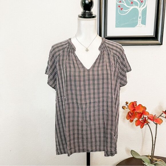 🍋 Women’s V-Neck Country Plaid Short Sleeve Top size L - Picture 1 of 7